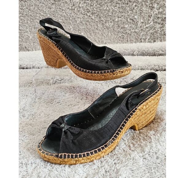 Eric Michael Espadrille Leather Sling Back Peep Toe Sandals Women Size 7.5 Black - Picture 1 of 7